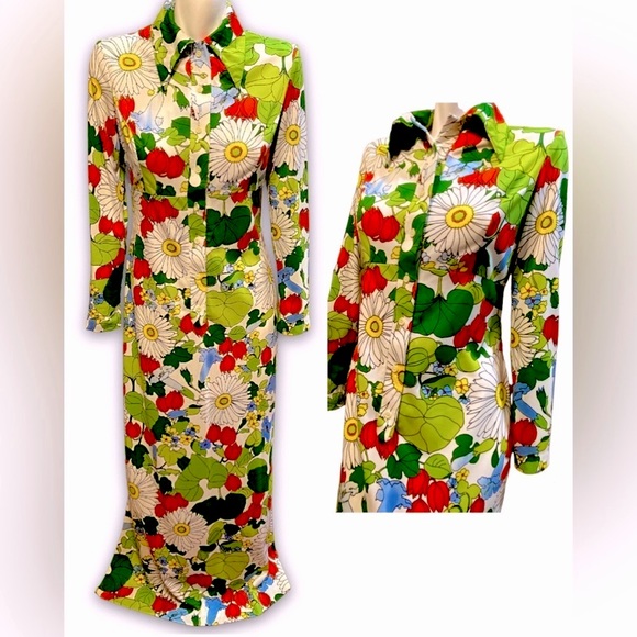 Vintage Anika Mod Flower Power Long Sleeve Maxi Dress Sz M Dagger Collar - Picture 2 of 14